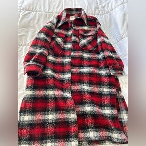ZARA Long Plaid Wool Blend Red Coat
